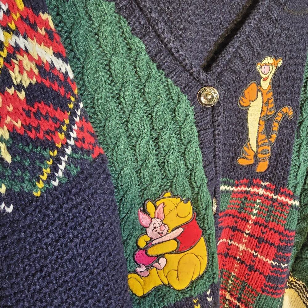 Vintage Disney Store Winnie The Pooh Tigger Piglet Patchwork Cable Knit Cardigan - Picture 2 of 6